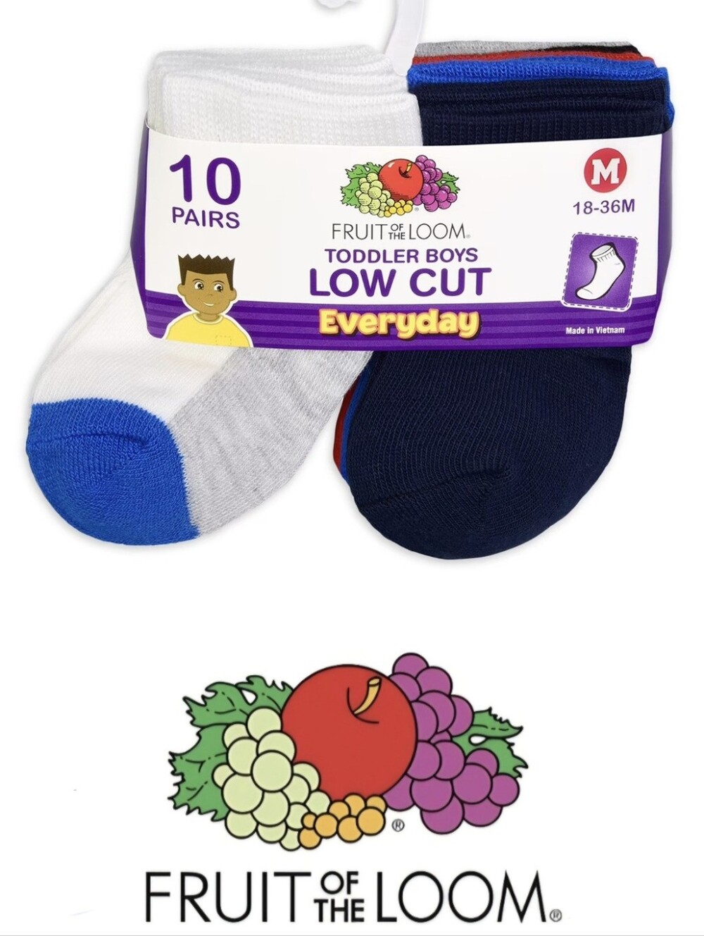 NEW Fruit of the Loom 10-Pair Toddler Boys' Low Cut Everyday Socks; 18-36 Months